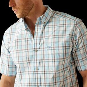 Ariat Pro Men's XLT Geoffrey Classic Fit Plaid Button Shirt Light Turquoise 1005